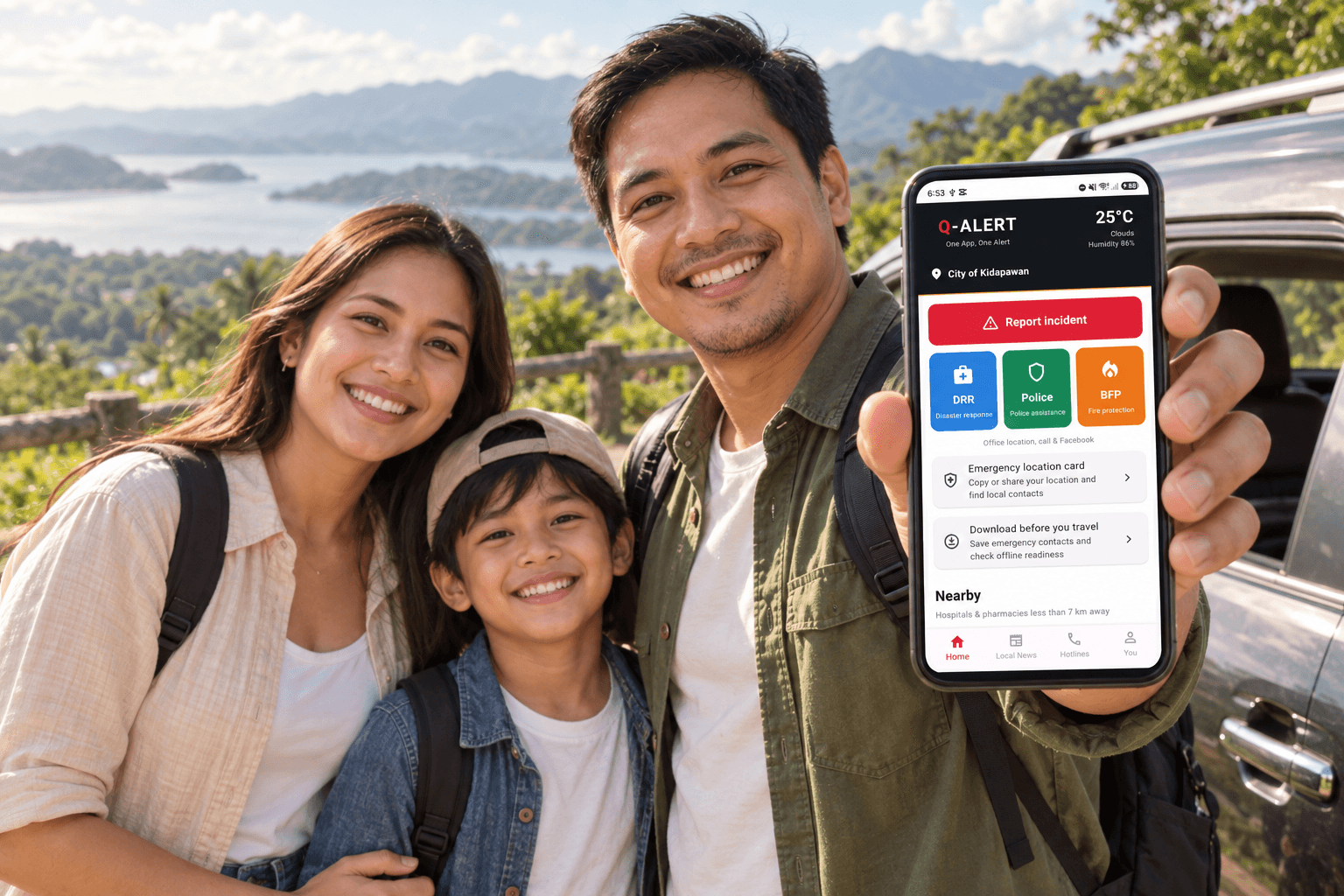 A Filipino family on a countryside trip, with a parent holding a phone toward the viewer showing the Q-ALERT app